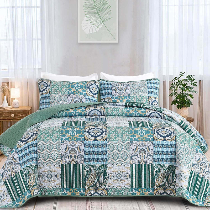 2025 Teal Green Patchwork Coverlet Set -Quilted Bedspread Sets (3Pcs)