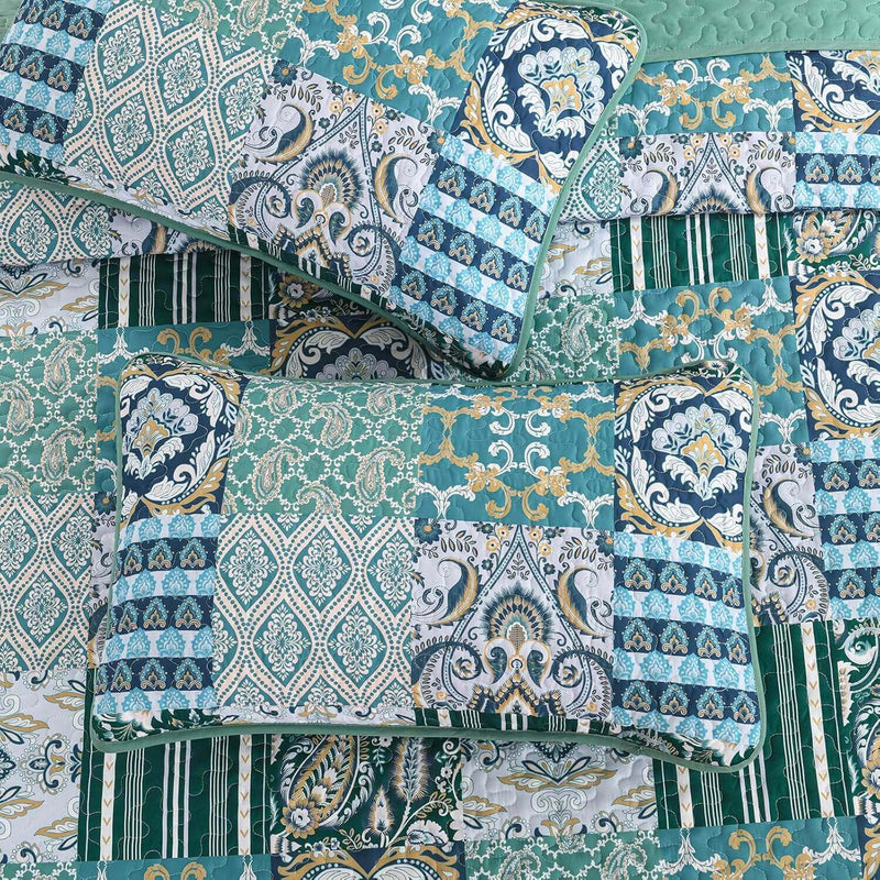 2025 Teal Green Patchwork Coverlet Set -Quilted Bedspread Sets (3Pcs)