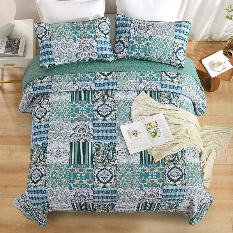 2025 Teal Green Patchwork Coverlet Set -Quilted Bedspread Sets (3Pcs)