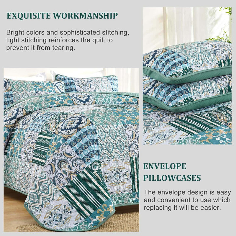 2025 Teal Green Patchwork Coverlet Set -Quilted Bedspread Sets (3Pcs)