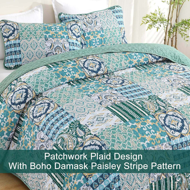 2025 Teal Green Patchwork Coverlet Set -Quilted Bedspread Sets (3Pcs)