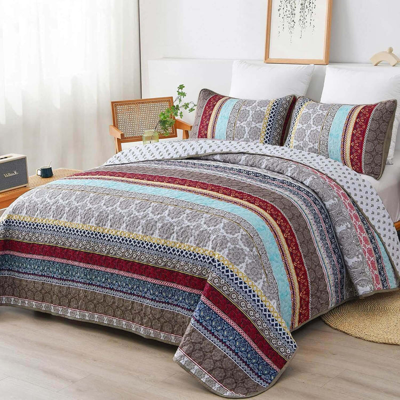 Multicolor Bohemian Coverlet Set-Quilted Bedspread Sets (3Pcs)