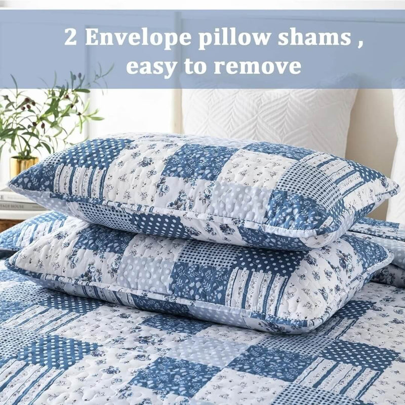 Navy Blue Chess Quilted Bedspread Coverlet Sets (3Pcs)