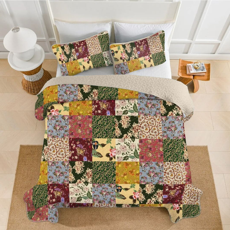 2024 Sapphire Patchwork Quilted Bedspread Coverlet Sets (3Pcs)