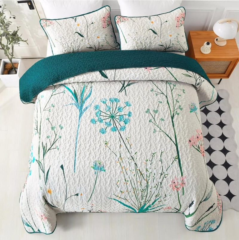 Oliver Green Floral Coverlet Set-Floral Quilted Bedspread Sets (3Pcs)