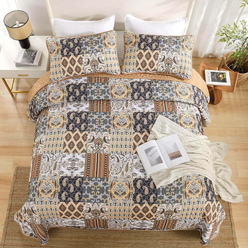 2025 New Beige Patchwork Coverlet Set -Quilted Bedspread Sets (3Pcs)