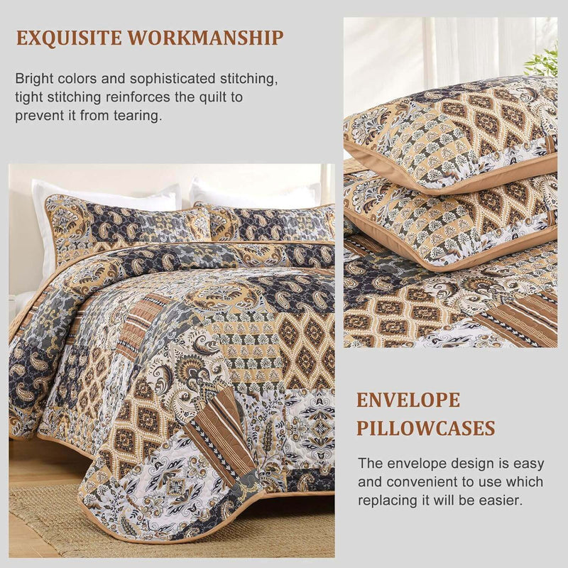 2025 New Beige Patchwork Coverlet Set -Quilted Bedspread Sets (3Pcs)