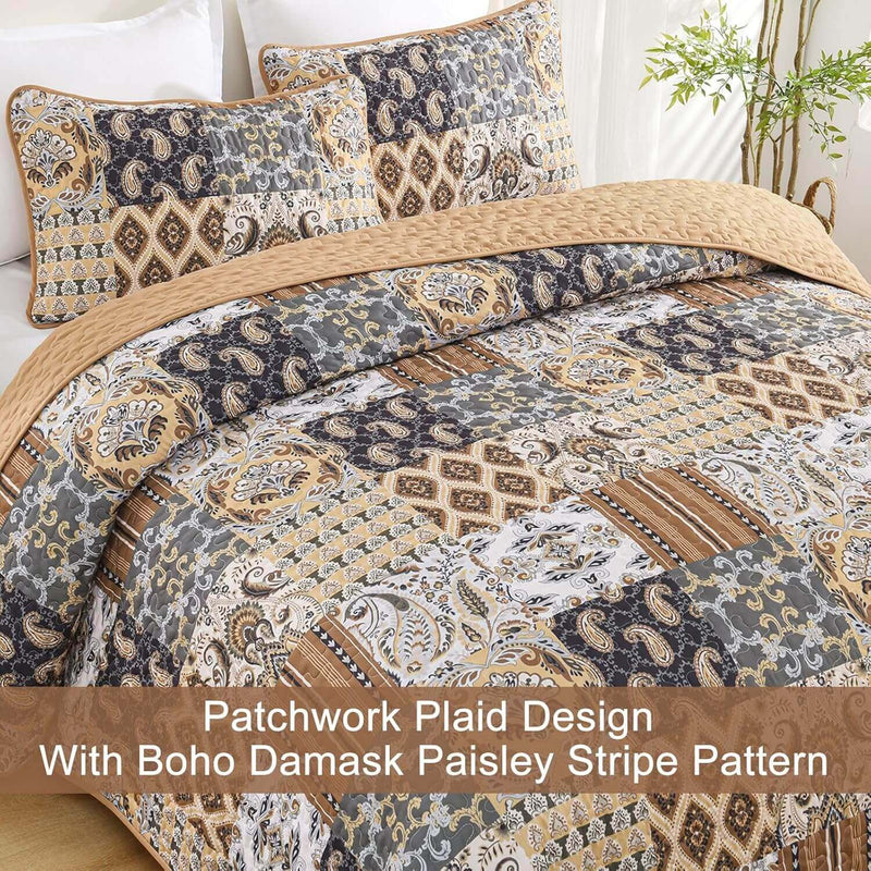 2025 New Beige Patchwork Coverlet Set -Quilted Bedspread Sets (3Pcs)