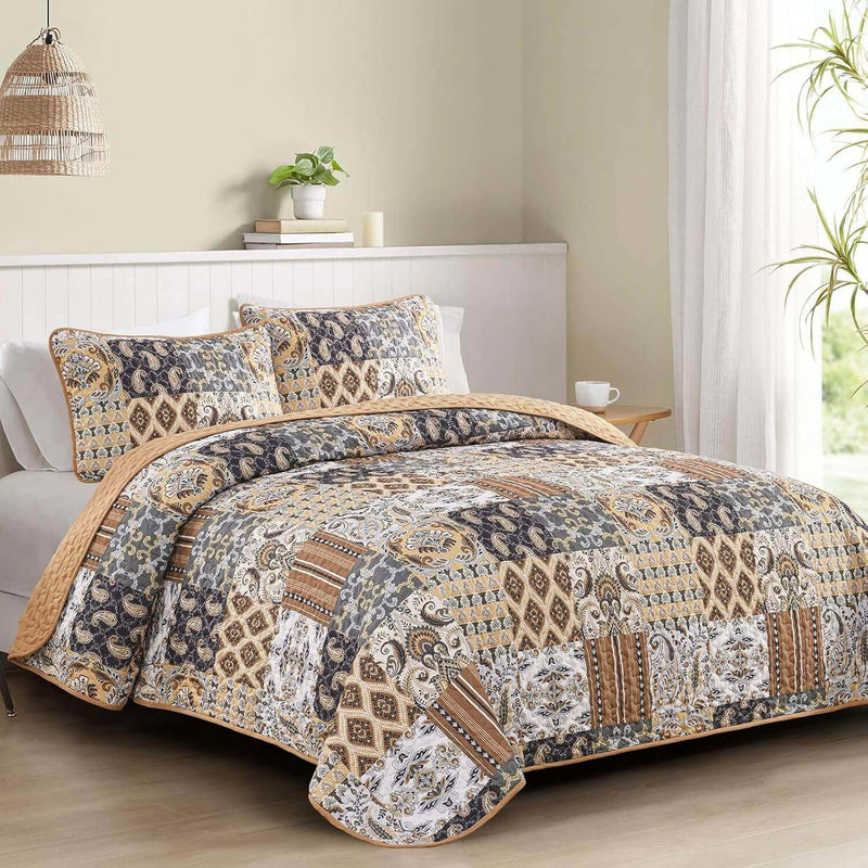 2025 New Beige Patchwork Coverlet Set -Quilted Bedspread Sets (3Pcs)