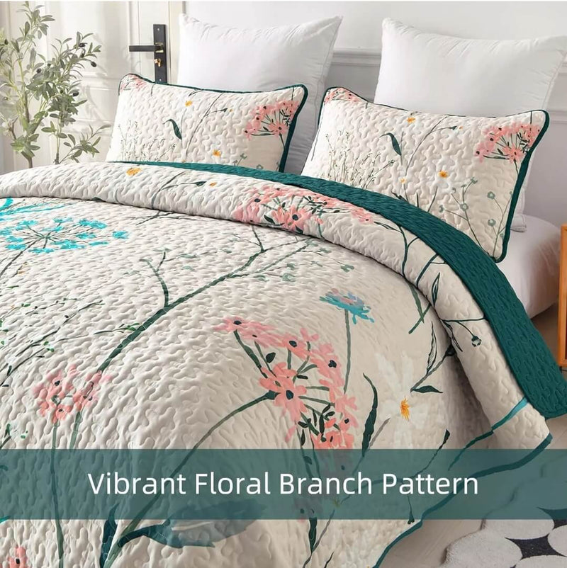 Oliver Green Floral Coverlet Set-Floral Quilted Bedspread Sets (3Pcs)