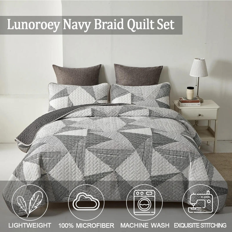 Greyish Triangle Coverlet Set-Patchwork Quilted Bedspread Sets (3Pcs)