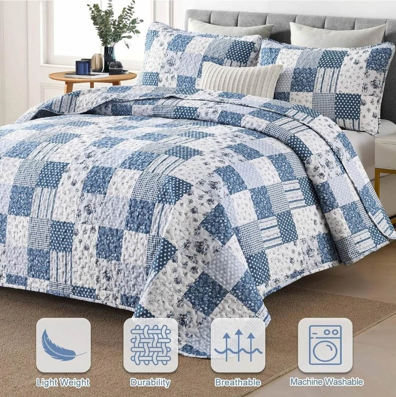 Navy Blue Chess Quilted Bedspread Coverlet Sets (3Pcs)