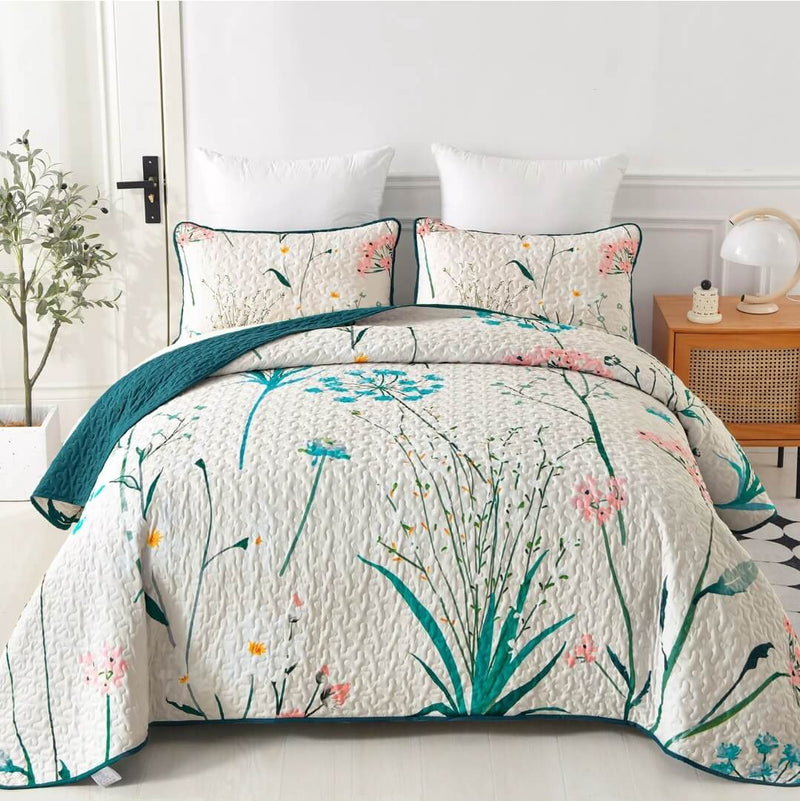 Oliver Green Floral Coverlet Set-Floral Quilted Bedspread Sets (3Pcs)