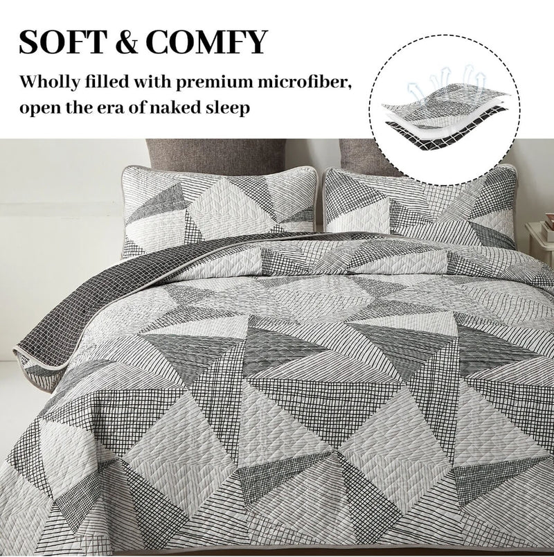 Greyish Triangle Coverlet Set-Patchwork Quilted Bedspread Sets (3Pcs)