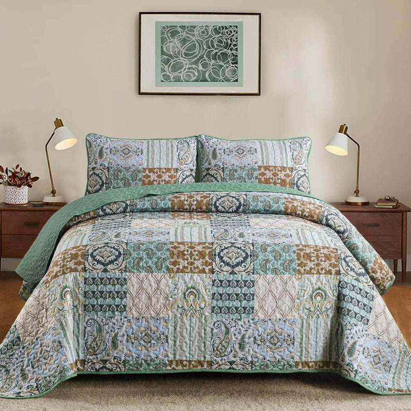 2025 Green Patchwork Coverlet Set -Quilted Bedspread Sets (3Pcs)