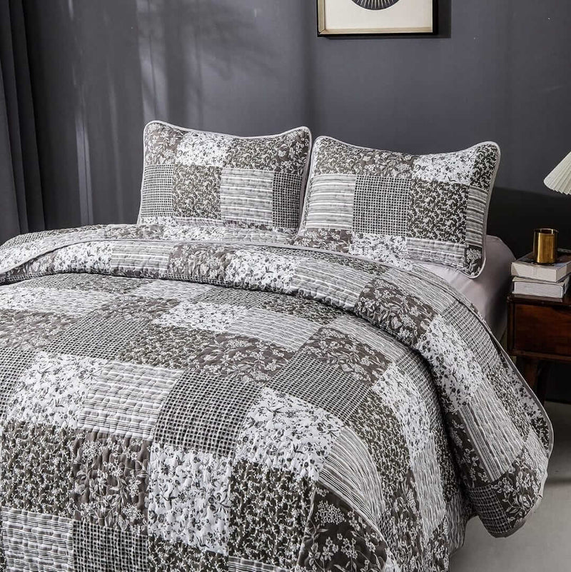 Grey Patchwork Quilted Bedspread Coverlet Set (3Pcs)