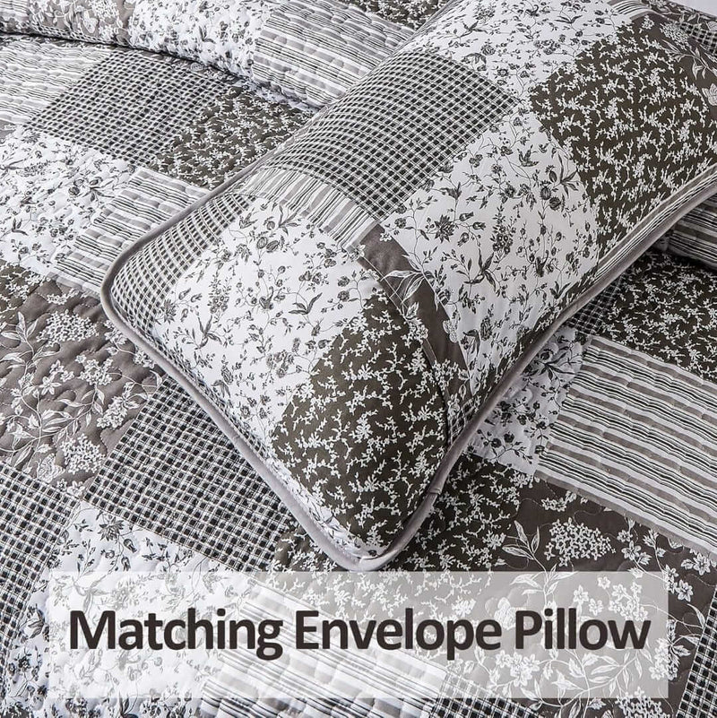 Grey Patchwork Quilted Bedspread Coverlet Set (3Pcs)