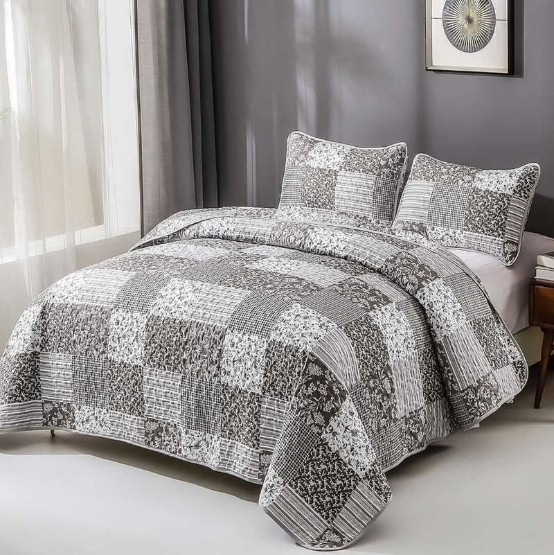 Grey Patchwork Quilted Bedspread Coverlet Set (3Pcs)