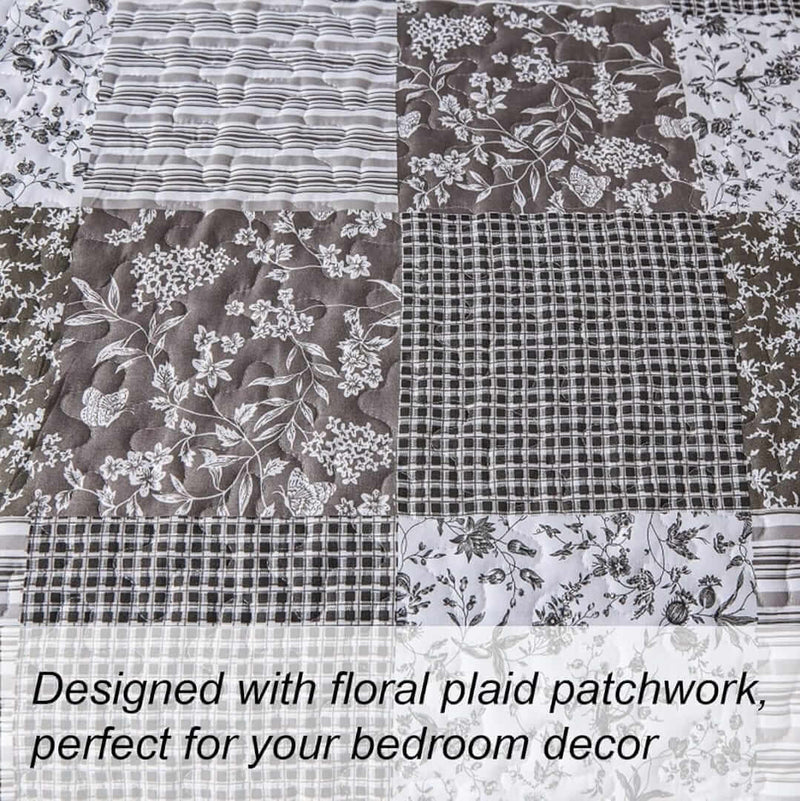 Grey Patchwork Quilted Bedspread Coverlet Set (3Pcs)