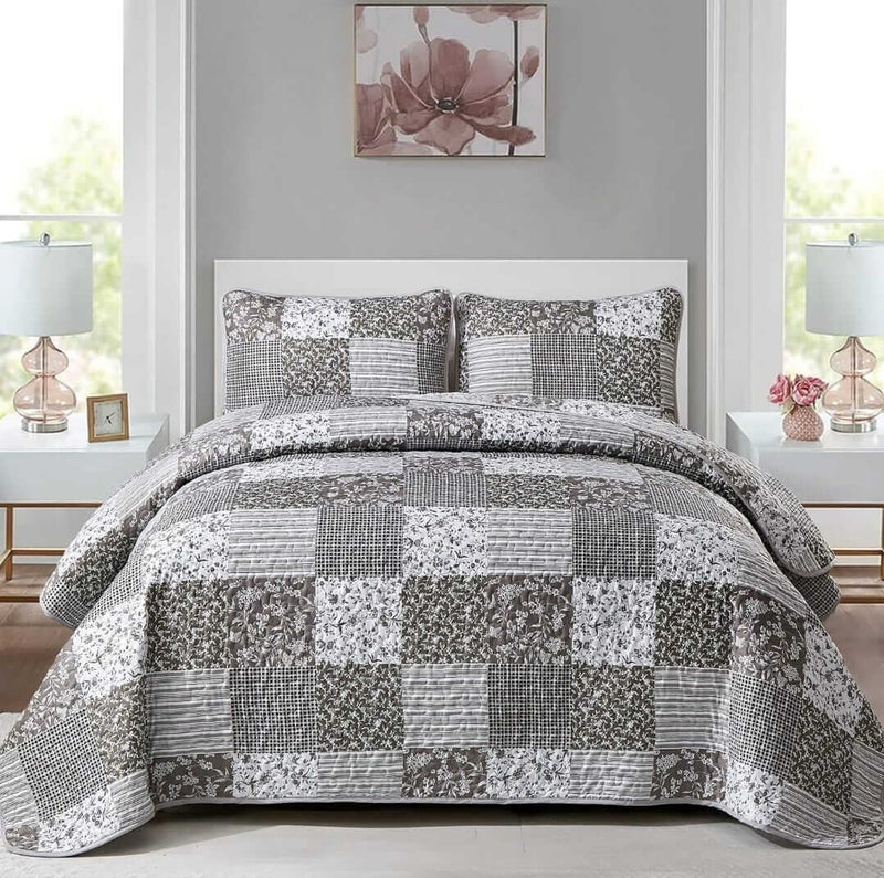 Grey Patchwork Quilted Bedspread Coverlet Set (3Pcs)