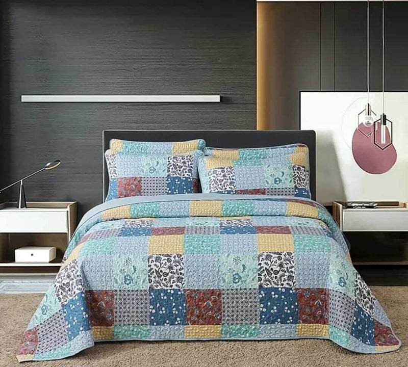 2025 Ocean Color Patchwork Quilted Bedspread Coverlet Sets (3Pcs)
