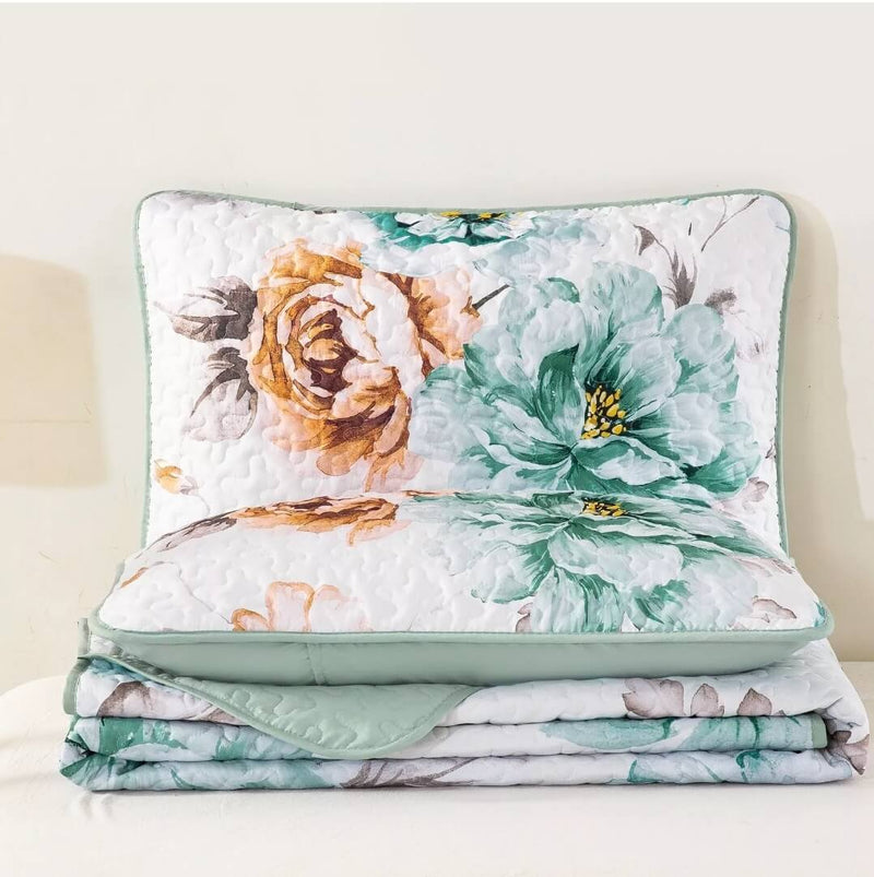 Sea Green Floral Coverlet Set-Quilted Bedspread Sets (3Pcs)