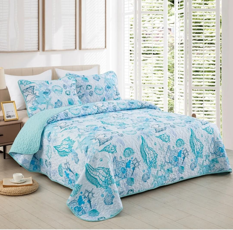 Ocean Breeze Seashell Quilted Bedspread Coverlet Set (3Pcs)