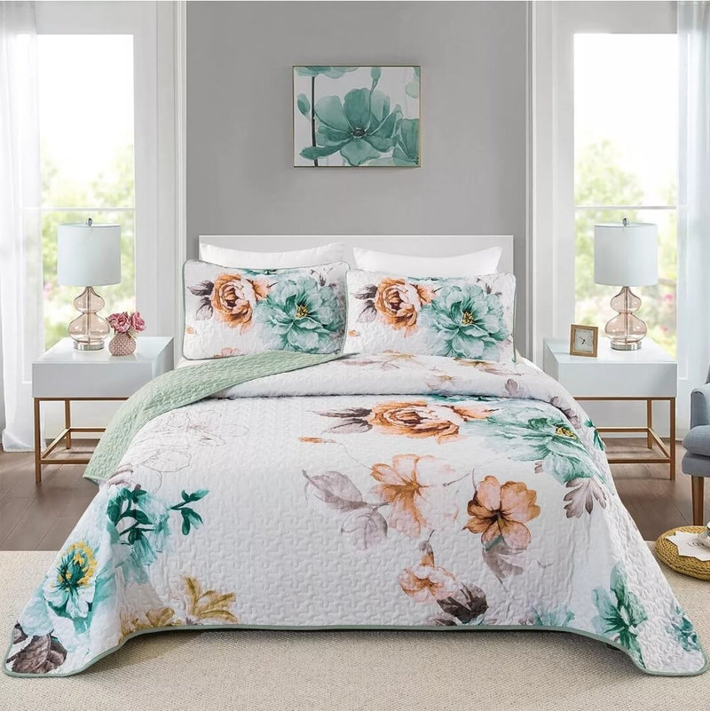 Sea Green Floral Coverlet Set-Quilted Bedspread Sets (3Pcs)