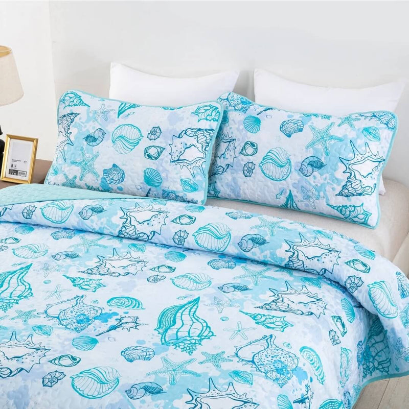 Ocean Breeze Seashell Quilted Bedspread Coverlet Set (3Pcs)
