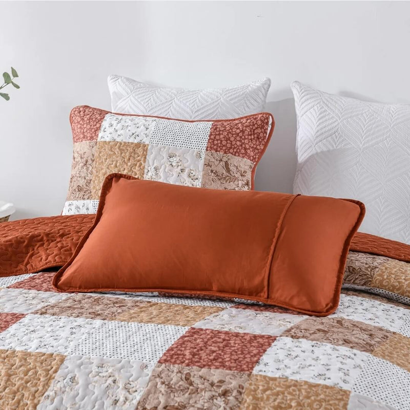 2024 Peach Checked Coverlet Set-Quilted Bedspread Set (3Pcs)