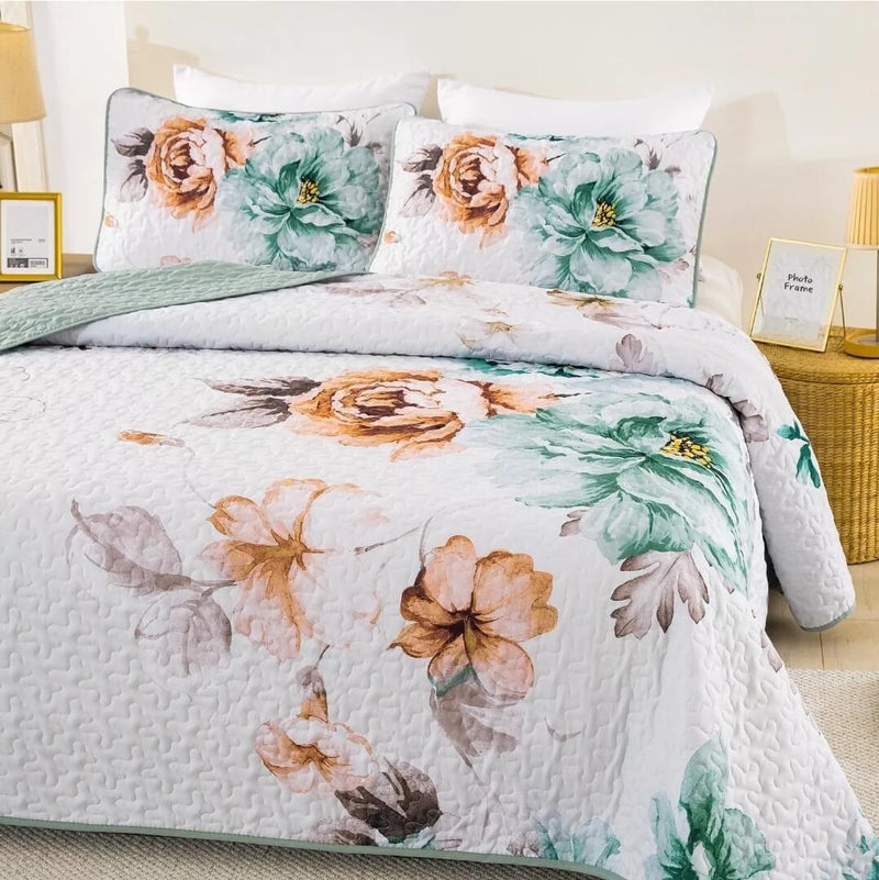 Sea Green Floral Coverlet Set-Quilted Bedspread Sets (3Pcs)