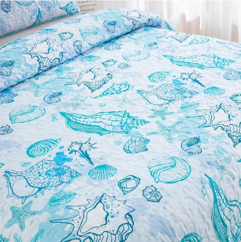 Ocean Breeze Seashell Quilted Bedspread Coverlet Set (3Pcs)