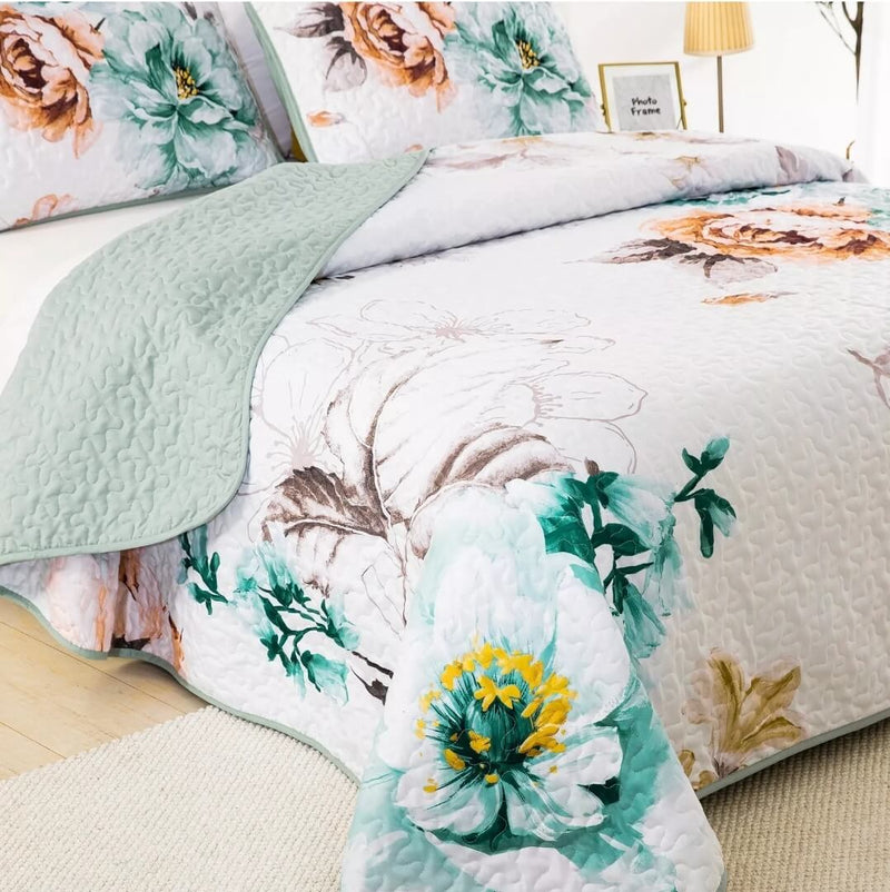 Sea Green Floral Coverlet Set-Quilted Bedspread Sets (3Pcs)