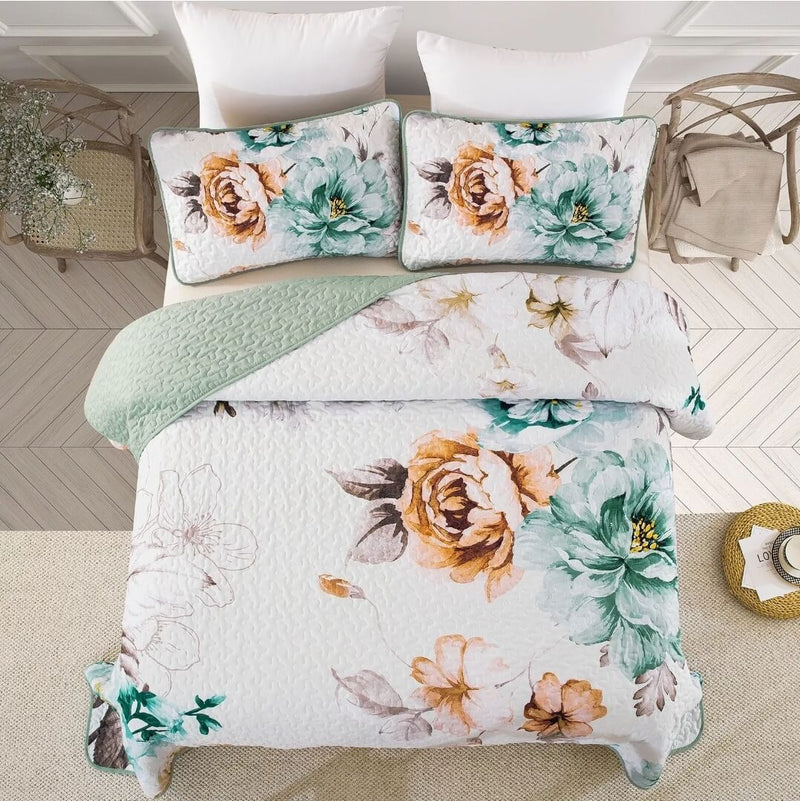 Sea Green Floral Coverlet Set-Quilted Bedspread Sets (3Pcs)