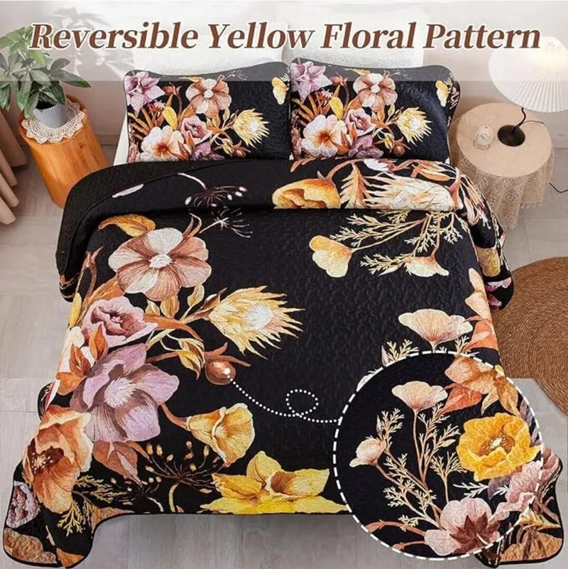 Yellow Floral Black Coverlet Set-Quilted Bedspread Sets (3Pcs)