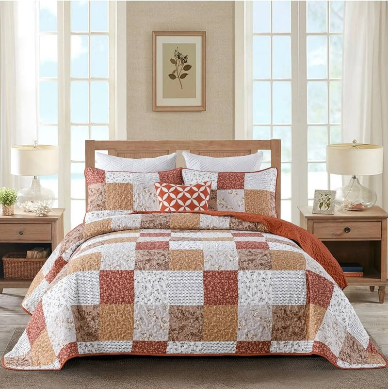 2024 Peach Checked Coverlet Set-Quilted Bedspread Set (3Pcs)