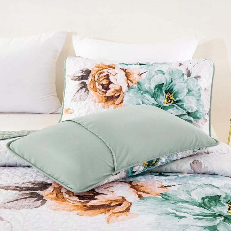 Sea Green Floral Coverlet Set-Quilted Bedspread Sets (3Pcs)
