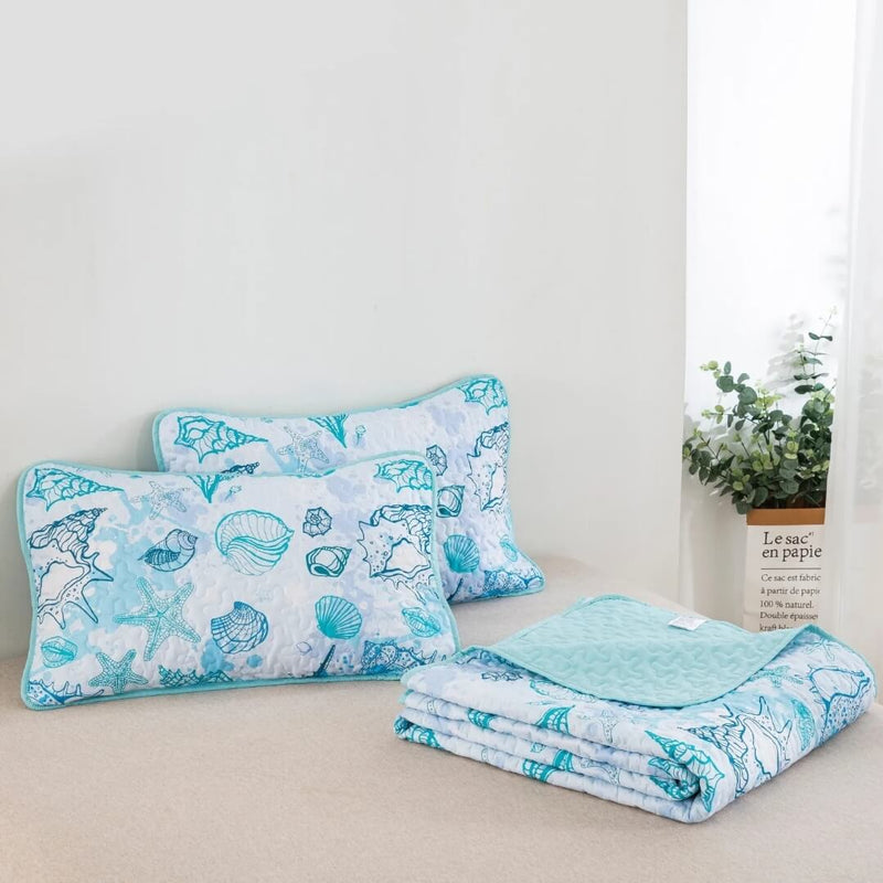 Ocean Breeze Seashell Quilted Bedspread Coverlet Set (3Pcs)