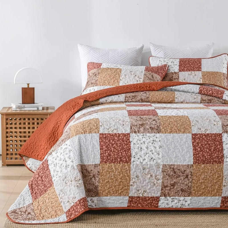 2024 Peach Checked Coverlet Set-Quilted Bedspread Set (3Pcs)