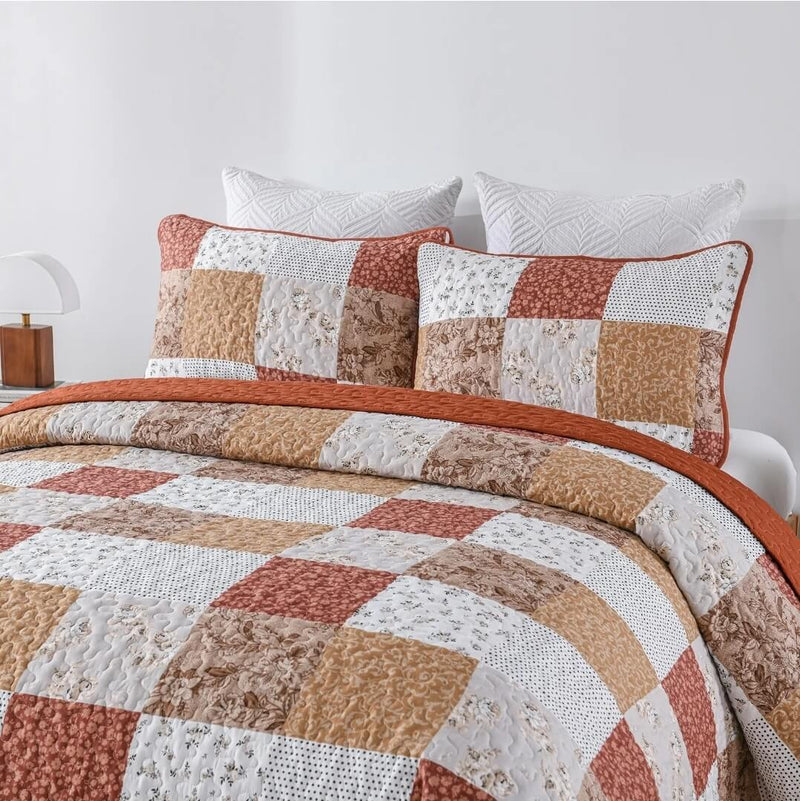 2024 Peach Checked Coverlet Set-Quilted Bedspread Set (3Pcs)