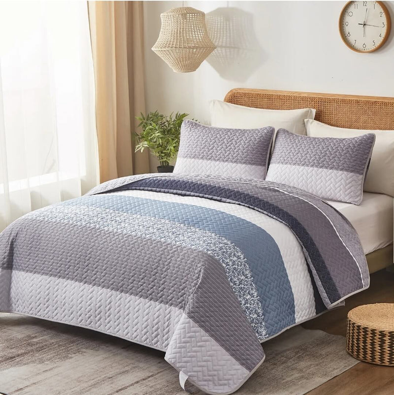 Light Lavender Striped Coverlet Set-Quilted Bedspread Sets (3Pcs)