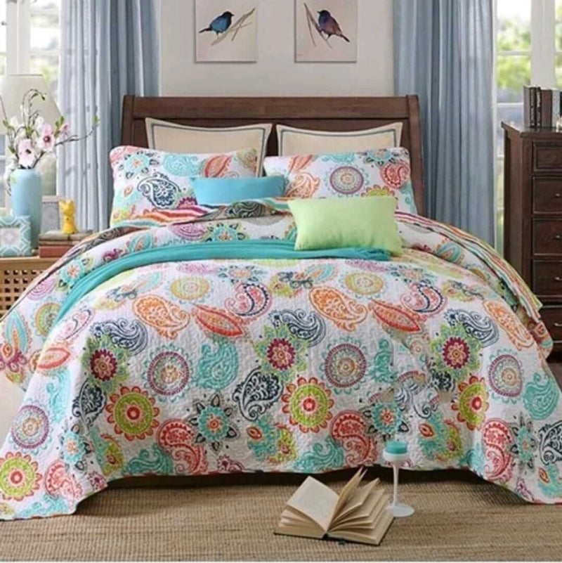 Multicolor Paisley Coverlet Set-Floral Quilted Bedspread Sets (3Pcs)