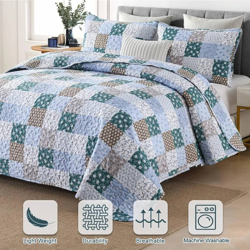 Sky Blue Checked Pattern Quilted Bedspread Coverlet Sets (3Pcs)