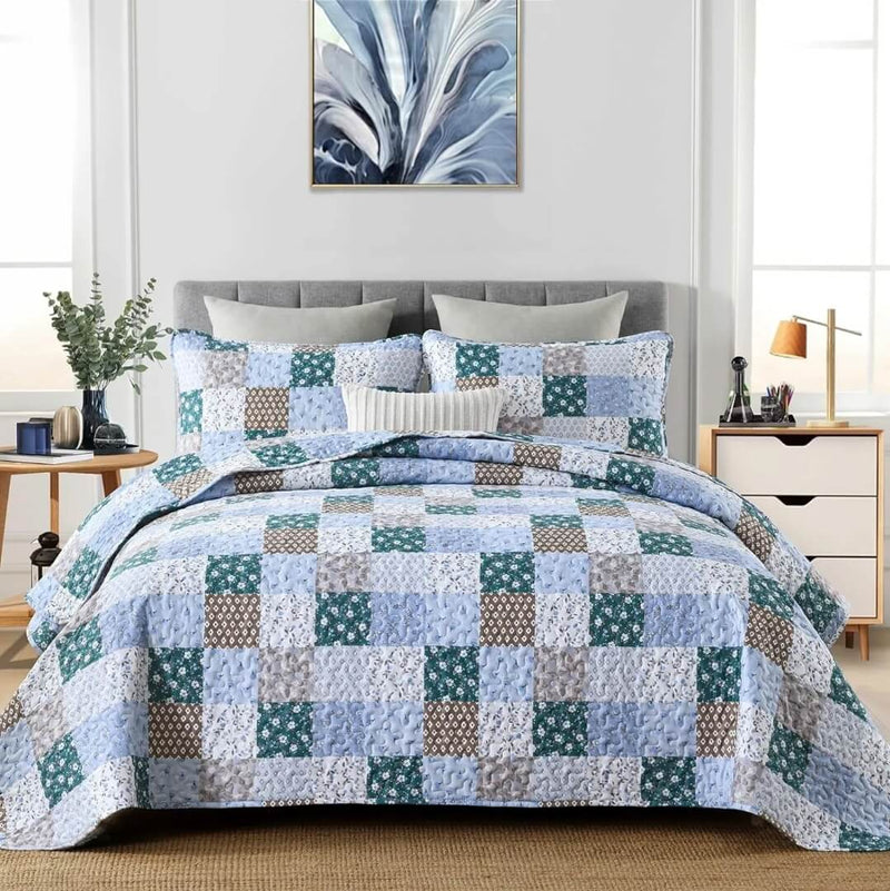 Sky Blue Checked Pattern Quilted Bedspread Coverlet Sets (3Pcs)