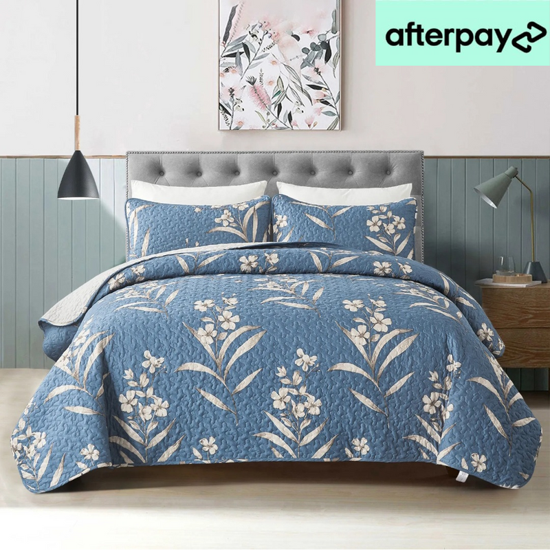 Blue Base Floral Bedspread Coverlet Set-Quilted Bedspread Sets (3Pcs)