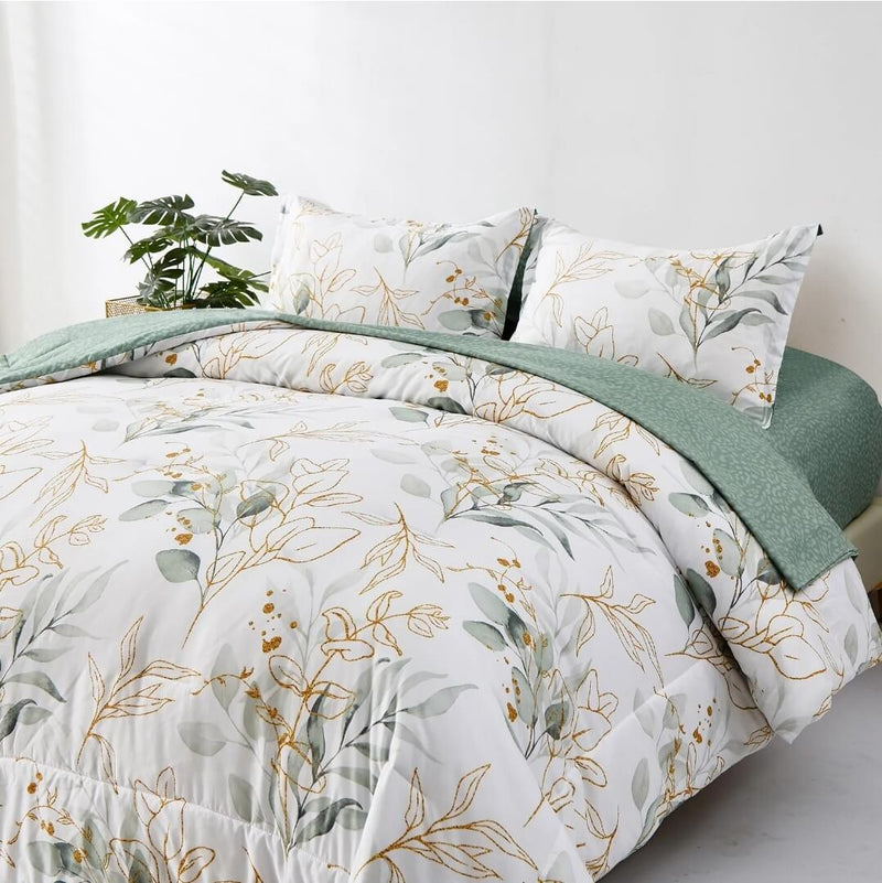 Bamboo Green Comforter Set-Floral Quilt Set (3Pcs)