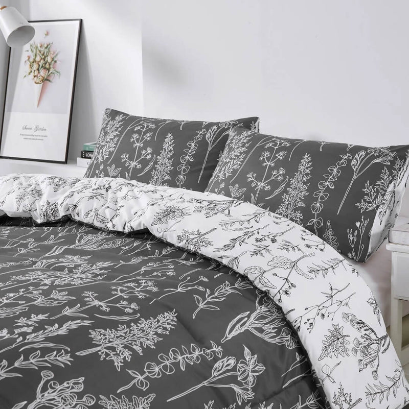 Grey Floral Comforter Set-Quilt Set (3Pcs)