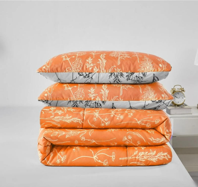 Orange Floral Style Reversible Comforter Set-Quilt Set (3Pcs)