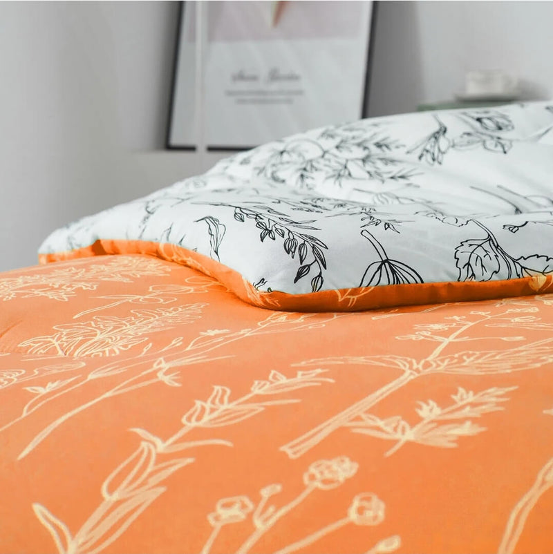 Orange Floral Style Reversible Comforter Set-Quilt Set (3Pcs)