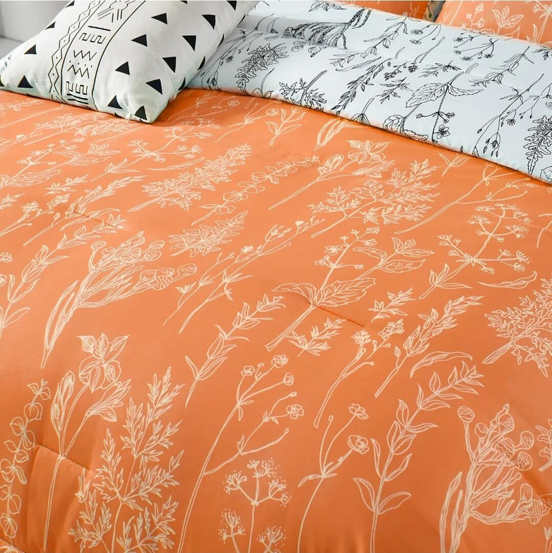 Orange Floral Style Reversible Comforter Set-Quilt Set (3Pcs)